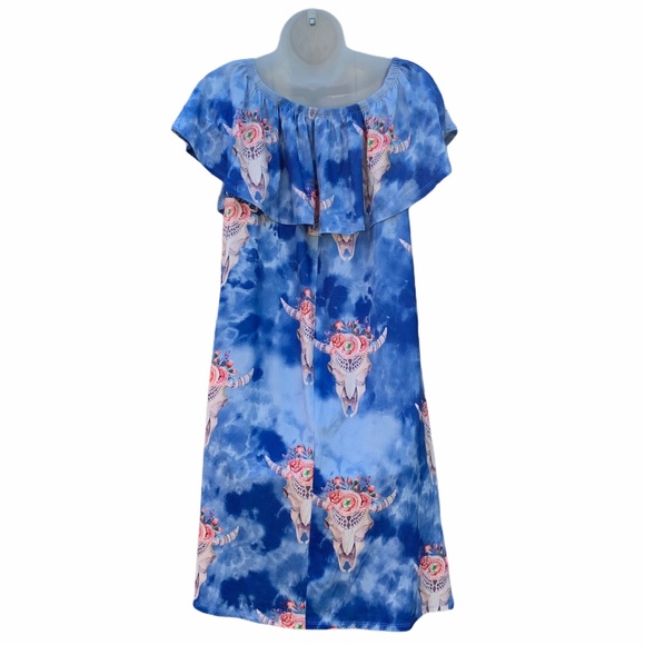 WONDERLAND by ORANGE Off the Shoulder‎ Flounce Cow Skulls Blue  Dress S - Picture 3 of 9